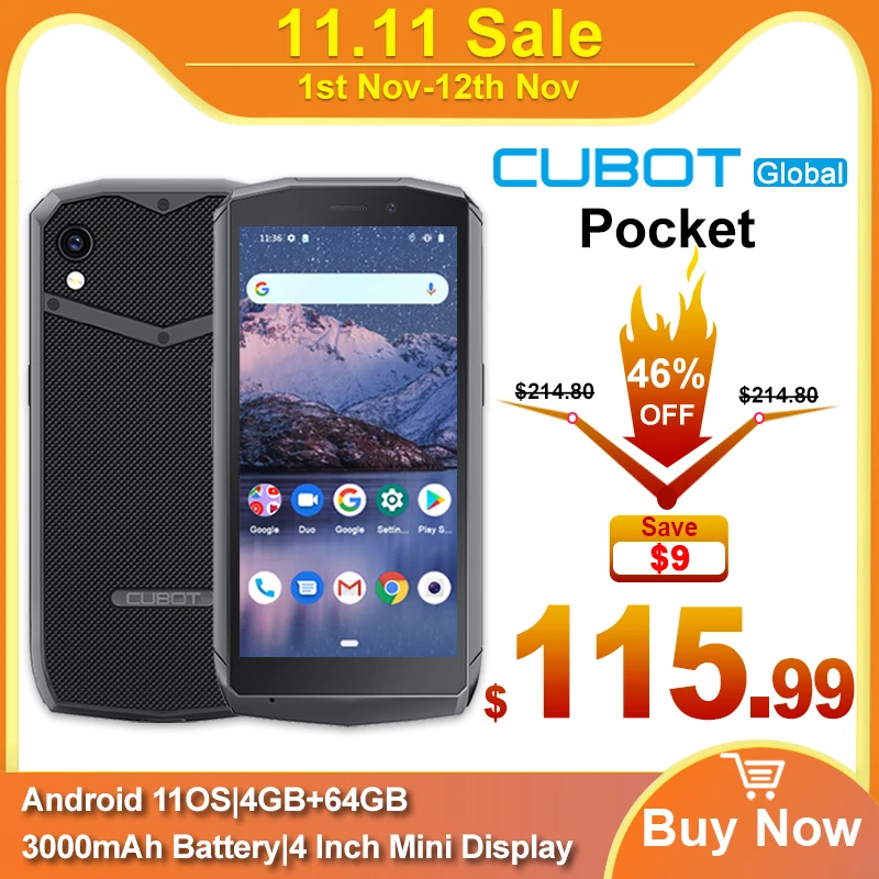 Najtaniej Cubot Kieszonkowy Mini Smartfon 4 Cal Wyświetlacz NFC 4 GB + 64 GB 3000mAh Bateria Android 11OS Telefon Twarz ID Google Pay Telefon