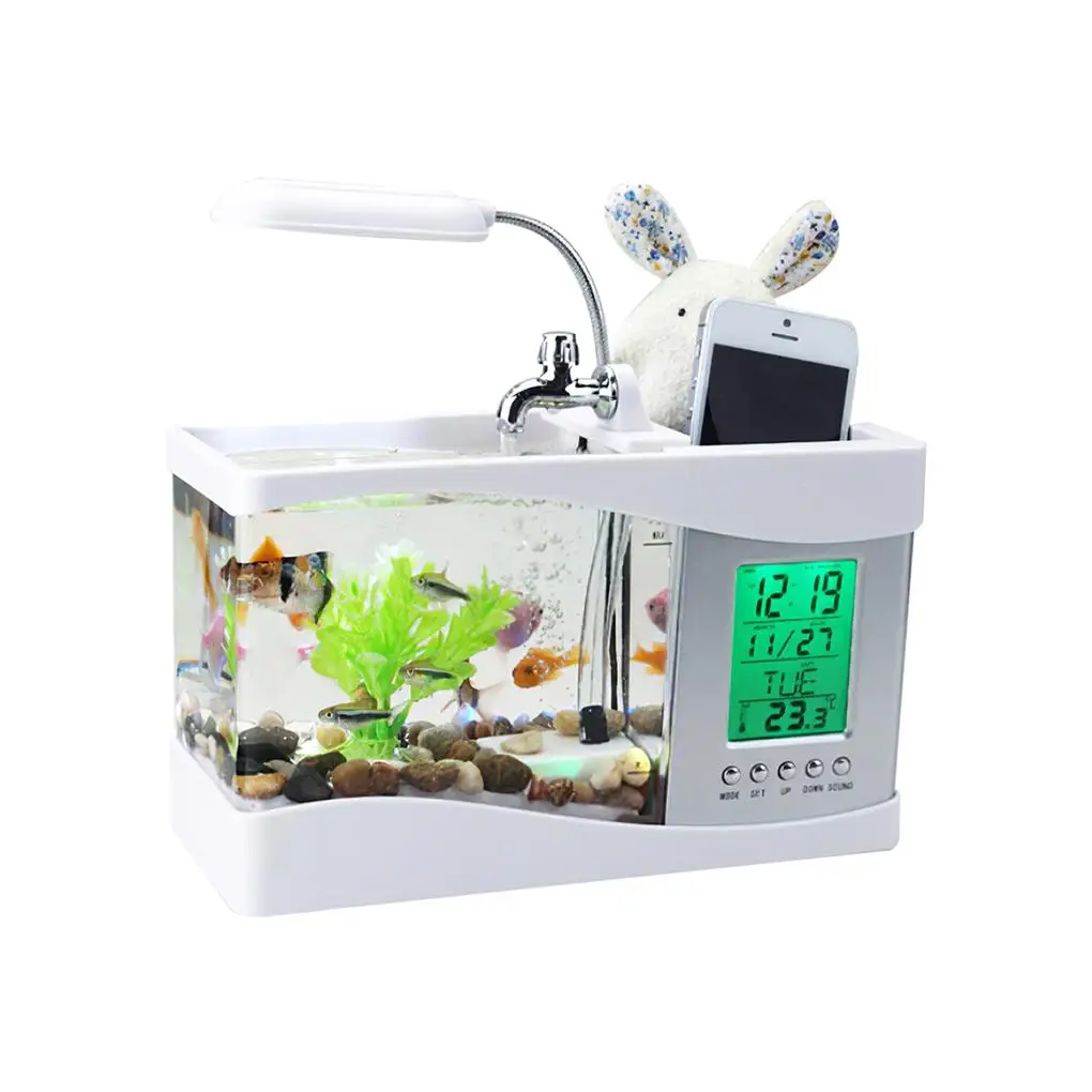 

USB Desktop Aquariums Fish Tank with LED Light Pen Holder Alarm Clock Office Decoration