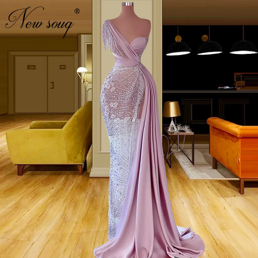 

Haute Couture Pink Beaded Evening Dresses Robes De Soiree Newest Dubai Mermaid Long Party Night For Wedding Prom Dress Gown 2022