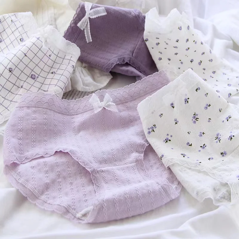 

Cute Purple Ruffles Panties Bow Women Soft Cotton Underwear Seamless Panties Girl Underwear Floral women's Lingerie
