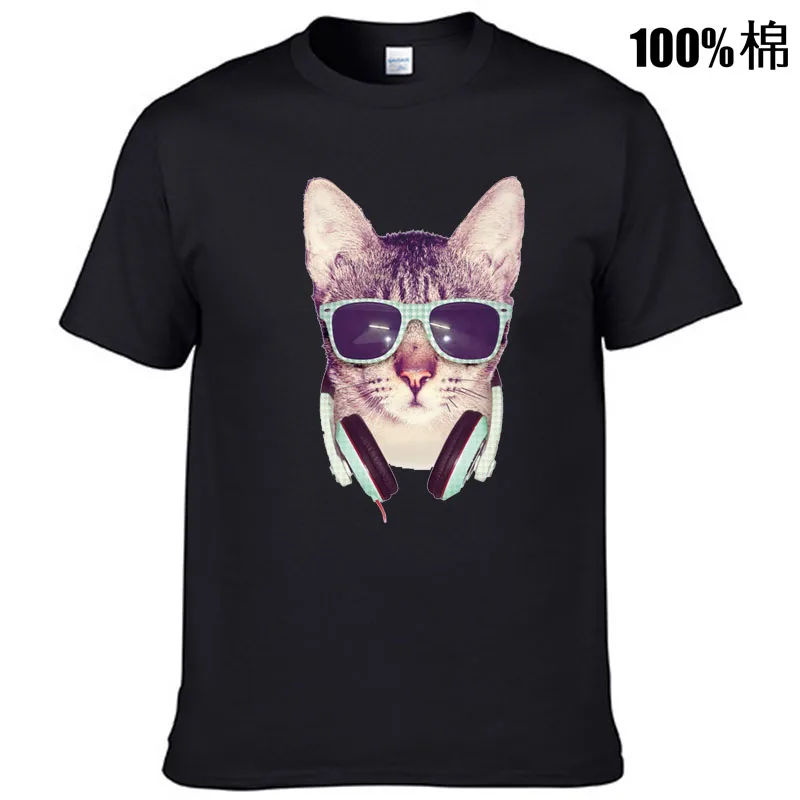 Мужская высококачественная футболка из 100% хлопка с забавным принтом DJ котом