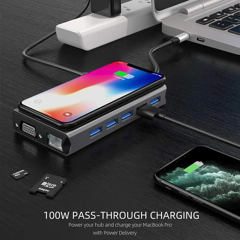 Док-станция типа C для HDMI-совместимого адаптера OTG Vga RJ45 Lan с несколькими портами USB
