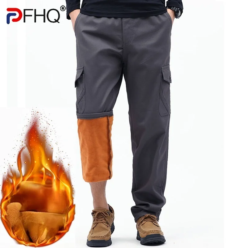 

PFHQ 2023 Men's Loose Fleece Liner Thicken Warm Winter Cargo Pants Baggy Stretch Brushed Overalls Casual Fashion Work Trousers