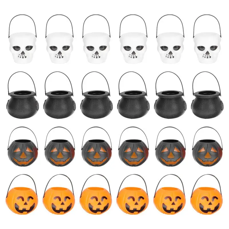 24pcs Mini Halloween Candy Buckets Portable Pumpkin Skull Witch Snack Candy Pot Holder Kids Trick Or Treat Favors Party Decor