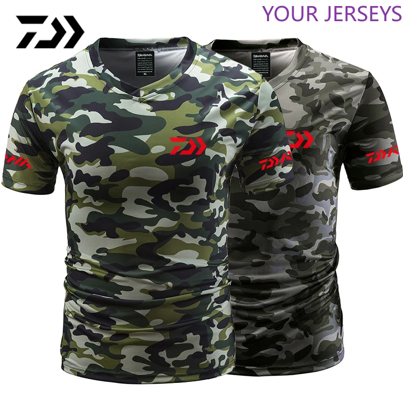 

2022 daiwa clothing Fishing Tshirt Summer Anti-sweat V Neck Camouflage Green Fishing T-shirt Sports Wear Breathable Quick Dry Fi