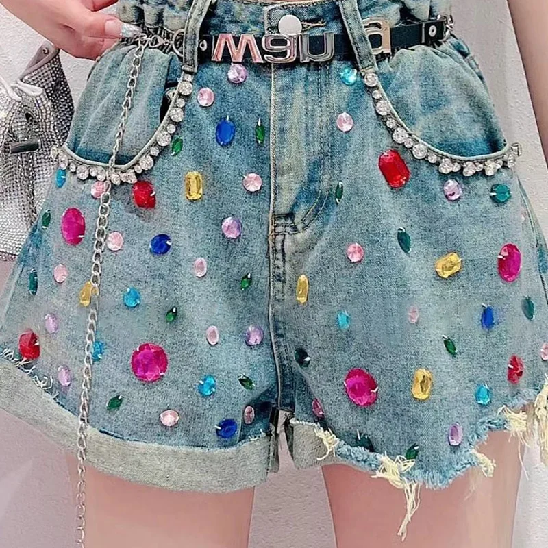 Design Heavy Industry Colorful Crystals Denim Shorts For Women 2023 Summer New High Waist Loose A-line Wide Leg Hot Kawaii Pants