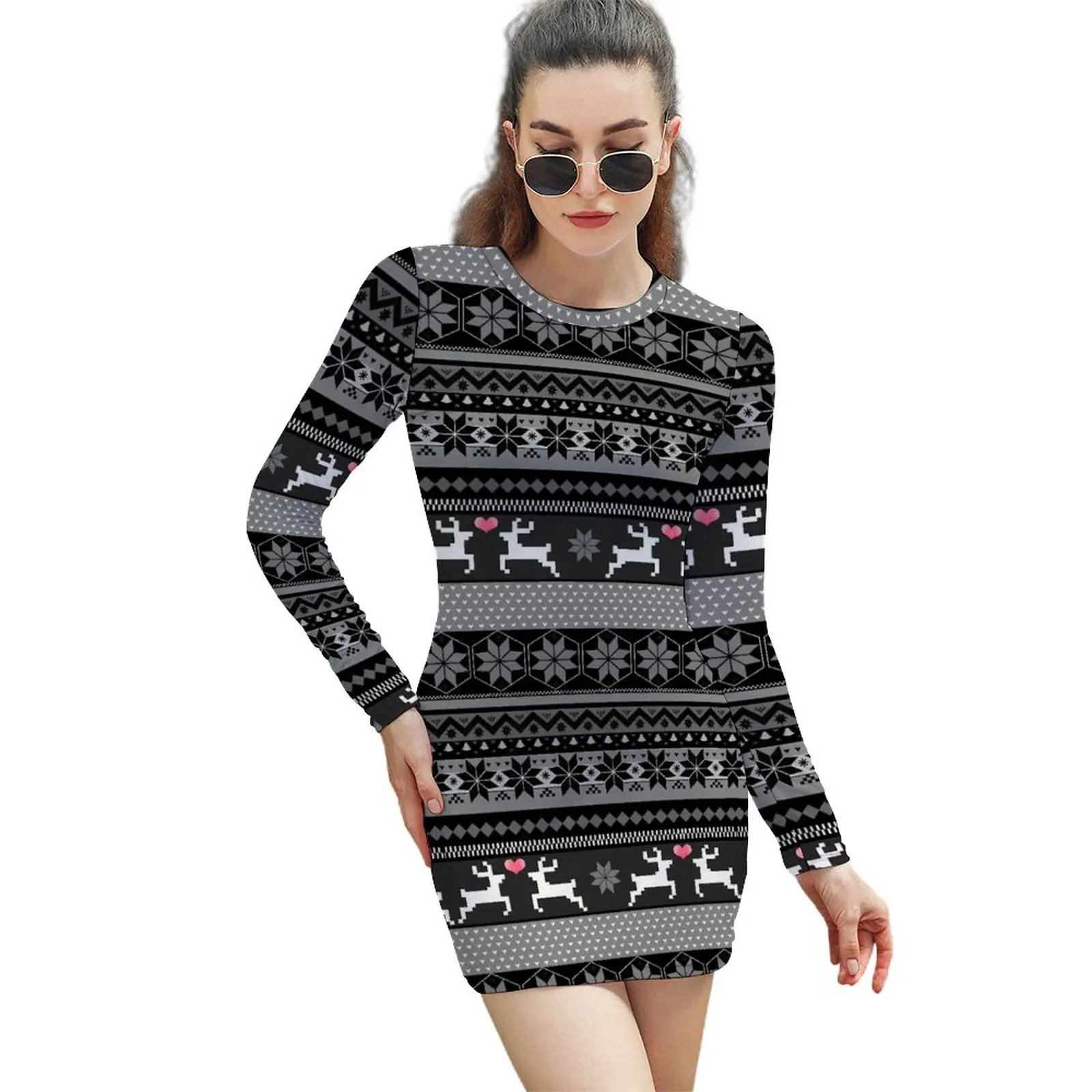 

Deer Fair Isle Print Bodycon Dress Summer Pink Hearts Retro Dresses Female Long Sleeve Custom Aesthetic Dress Big Size