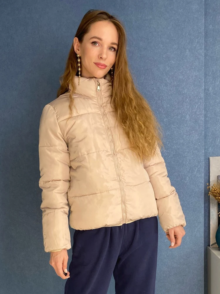 Women Puffer Jackets Cotton Padded Warm Winter Bubble Coat Solid Stand Collar Outerwear 2023 Factory Supply Bear -5centigrade