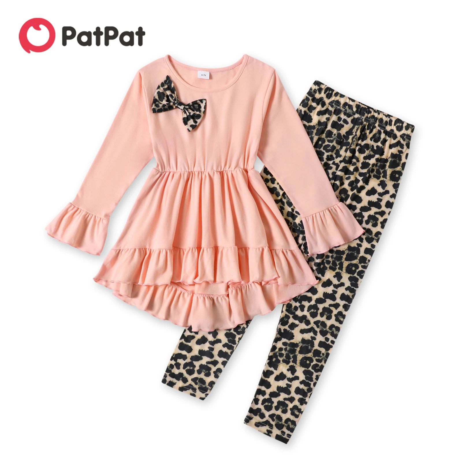 

PatPat 2-piece Kid Girl Bowknot Design Ruffled High Low Long-sleeve Top and Leopard Print Pants Set