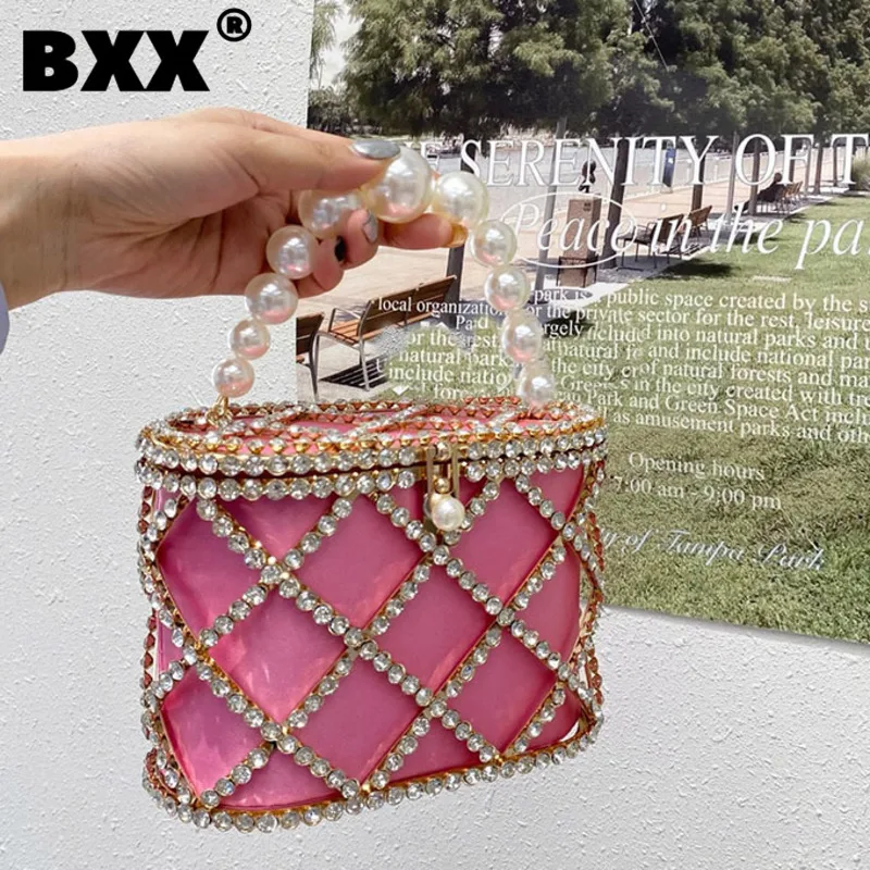 

[BXX] Shiny Diamond Banquet Velvet Bucket Pearl Handle Handbag Women's Bag 2023 New Fashion Chain Shoulder Crossbody Bags 8AB233