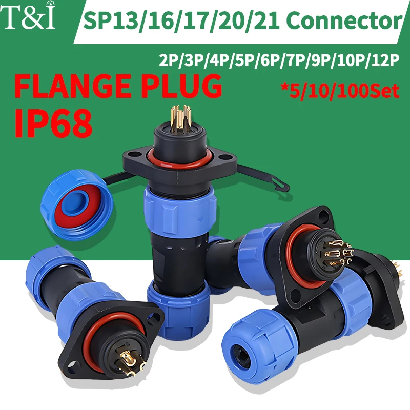 

IP68 SP13 SP16 SP17 SP20 SP21 2P-12PIN M/P Flange Panel Mount Aviation Connector Male Plug Female Socket Butt Joint Waterproof