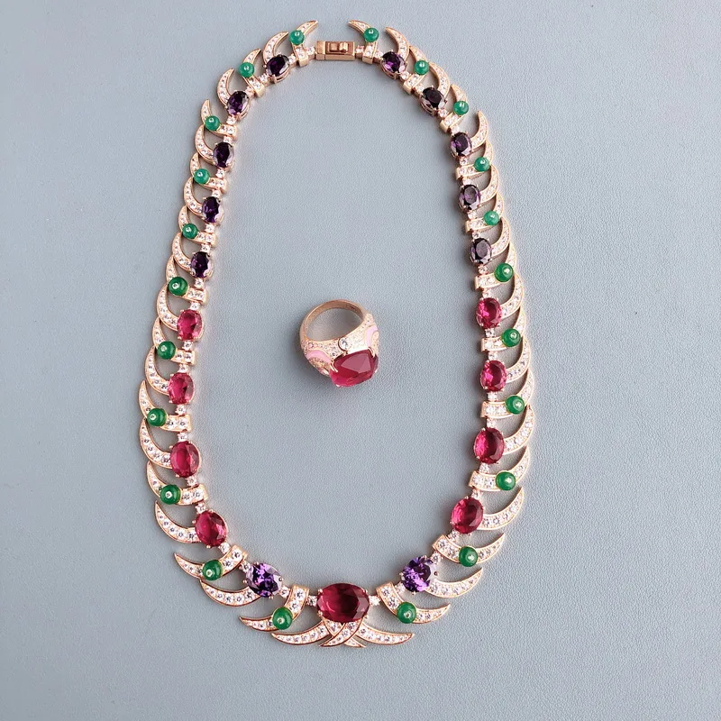 

Дизайнерская коллекция роскошное ожерелье кольцо для женщин Инкрустация красный фиолетовый кубический циркон покрытое золотом зеленые бусины цепи ювелирные наборы