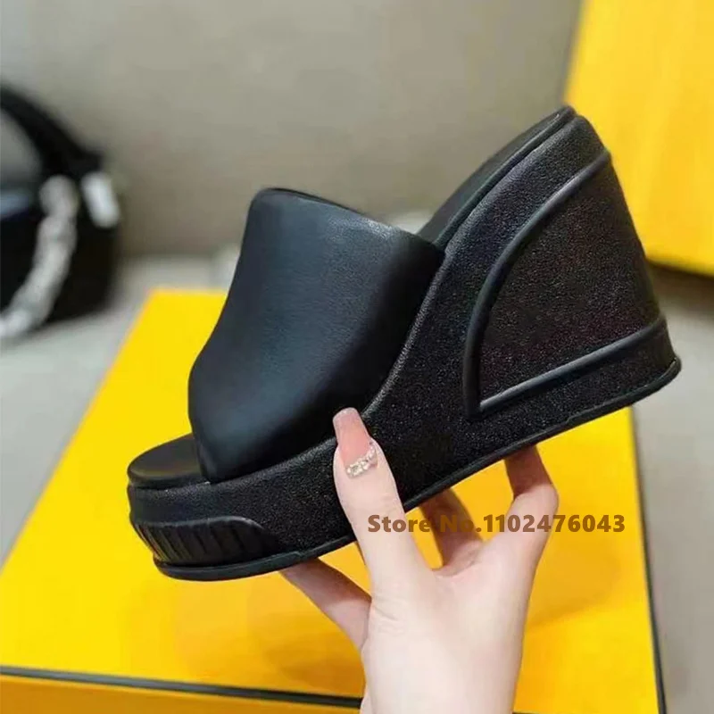 Thick Sole High Heel Women's Slippers White Round Toe Wedge Heel Holiday Beach Shoes Summer New Shallow Outside Slippers
