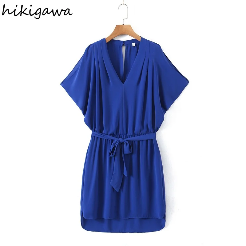 

Hikigawa Chic Fashion With Tied Belt Lined Fake Two Piece Solid Women Dress Vintage Batwing Sleeve Female Dresses Vestidos Mujer