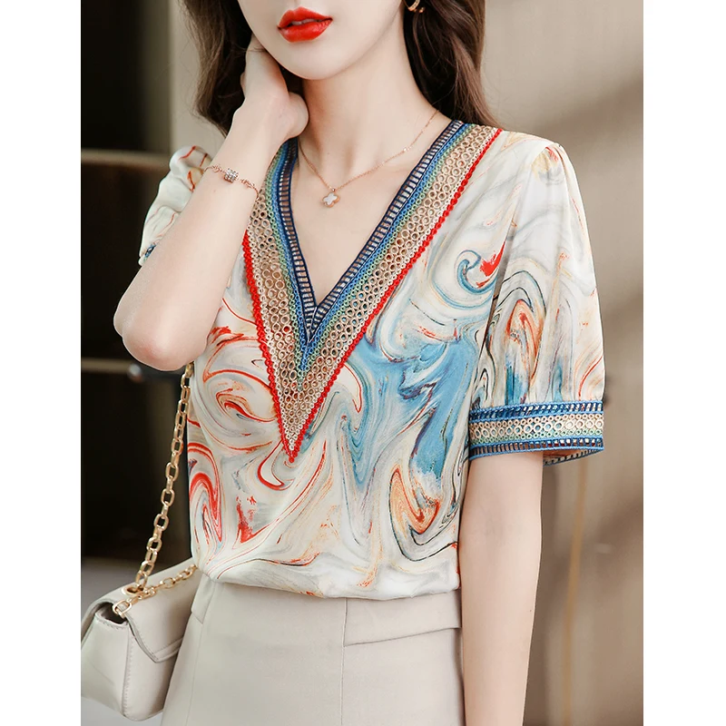 

Women's Elegant Satin T Shirt Summer V Neck Short Sleeve Blouse Shirt Lady Vintage Print T-shirt Top