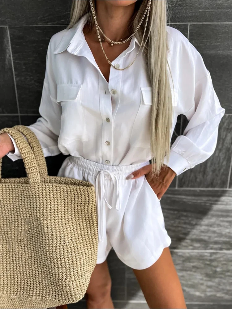 

Spring Suit Ol Office High Waist Lady 2PC Suit Lapel Single-breasted Women T-shirts Tops+High Waist Shorts Set Solid Casual Suit