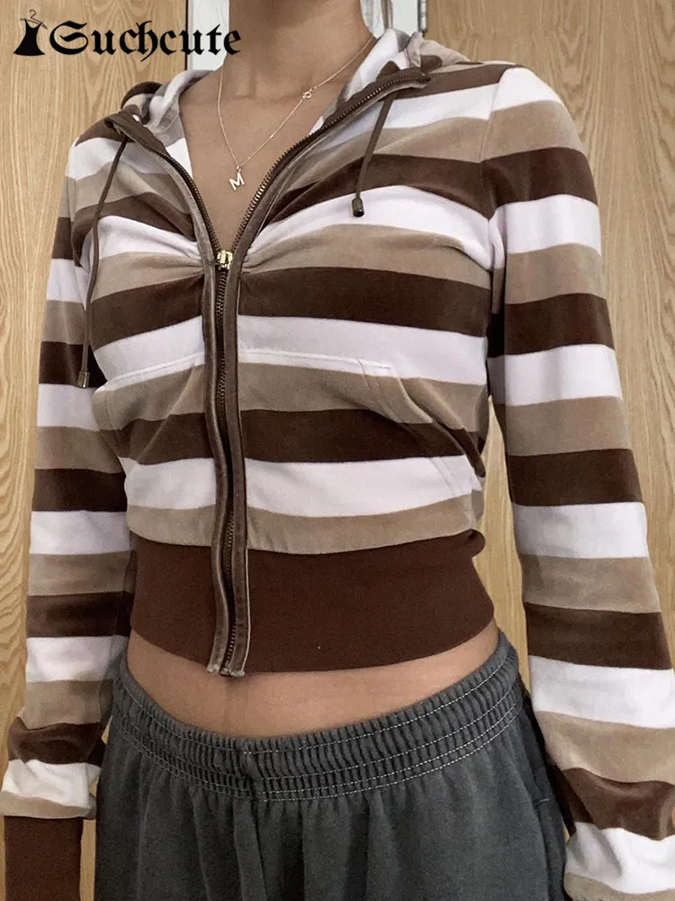 

SUCHCUTE Harajuku Brown Stripe Printing Velvet Hoodies Women Autumn Winter Zip Up Long Sleeve Crop Hoodie Fairycore Sweatshirts