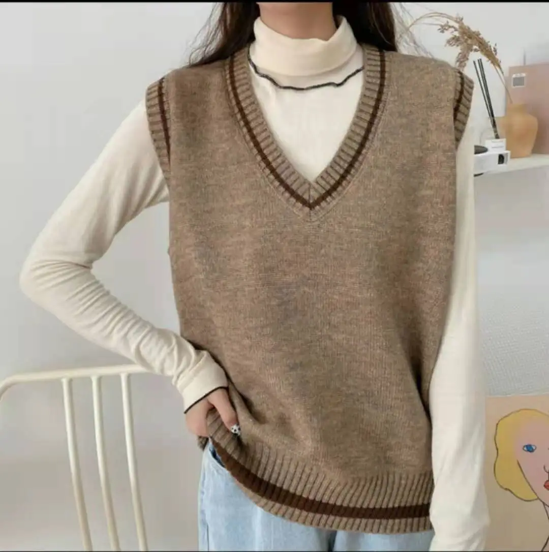 

Korean Harajuku top striped sweater schoolgirl V-neck knit vest full competition TV daily vintage waistcoat kitchen coat