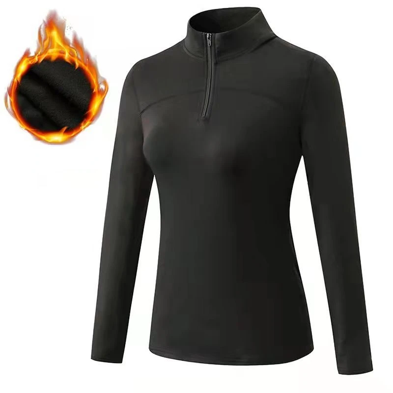 Yoga Long Sleeve Women High Elastic Tight T-Shirt Zip Neck Autumn Winter Warm Fleece Athletic Top Breathable Running Clothing