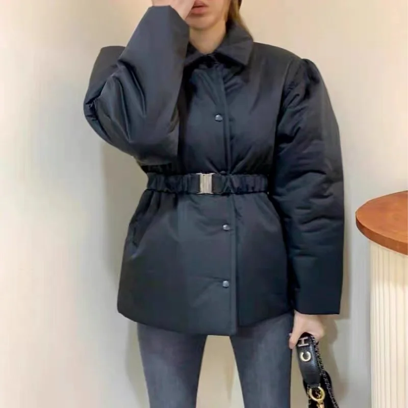 Autumn and Winter Puff Sleeve Waist Parka Coat Retro Lapel Tie Short Casual Bread Jacket Elegant Temperament Cotton Jacket