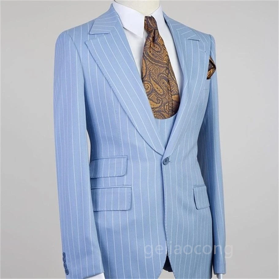

Costume Homme Blue Striped Men Suits 3 Pcs Peak Lapel Fashion Groom Wedding Terno Masculino Slim Fit Blazer Jacket+Pant+Vest