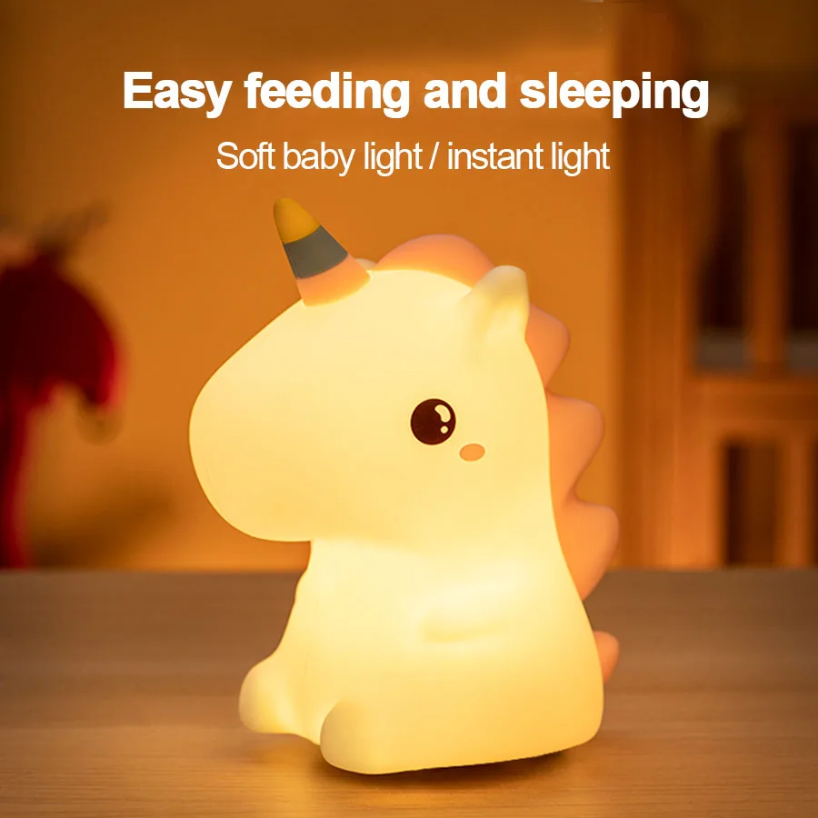 Cute Silicone LED Night Light Unicorn Kids Cartoon Animal Dinosaur Bedroom Decoration USB Rechargeable Touch Night Light Gift