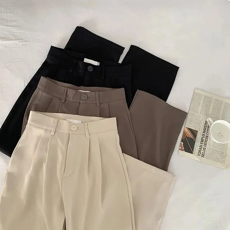 

Брюки женские с завышенной талией и широкими штанинами, модные повседневные офисные брюки в Корейском стиле, элегантные черные прямые Костюмные штаны, на осень