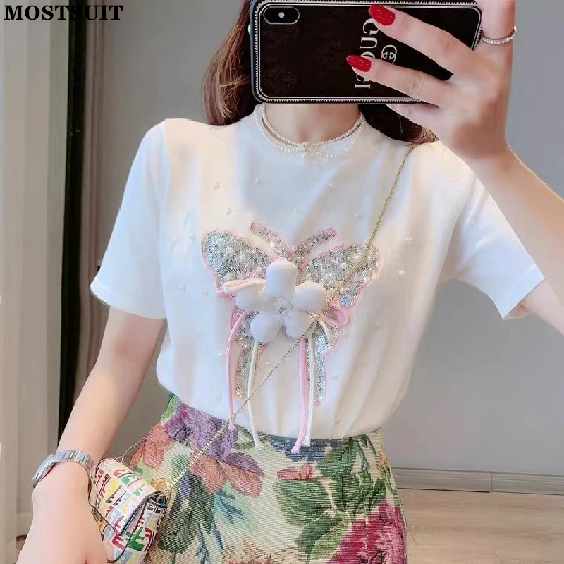 

Summer Sequins Stereo Flower Knit Pullover Sweater Women 2022 Sweet Fashion Loose All Match Tees Short Sleeve Round Neck T Shirt