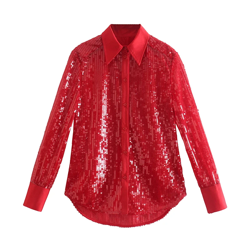 

Sequin Women Shirt Red Turn Down Collar Long Sleeve Ladies Blouse Single Breasted Spring Autumn Casual Fashion Tops for Female