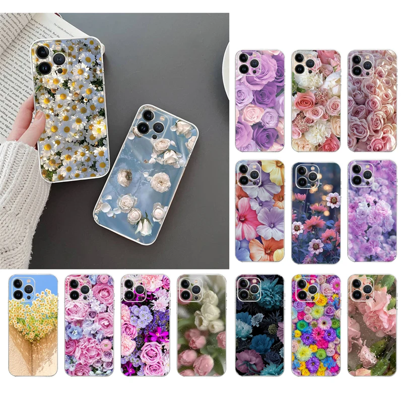 

Phone Case For iphone 14 Pro Max 13 12 11 Pro Max XS XR X 12mini 7 8 Plus SE Flower Rose Daisy Peony Case Funda