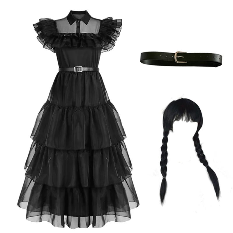 

Movie Wednesday Dress Cosplay for Girl Kids Wednesday Costume Mesh Black Dress Outfits Halloween Carnival Suit for Girls Kids