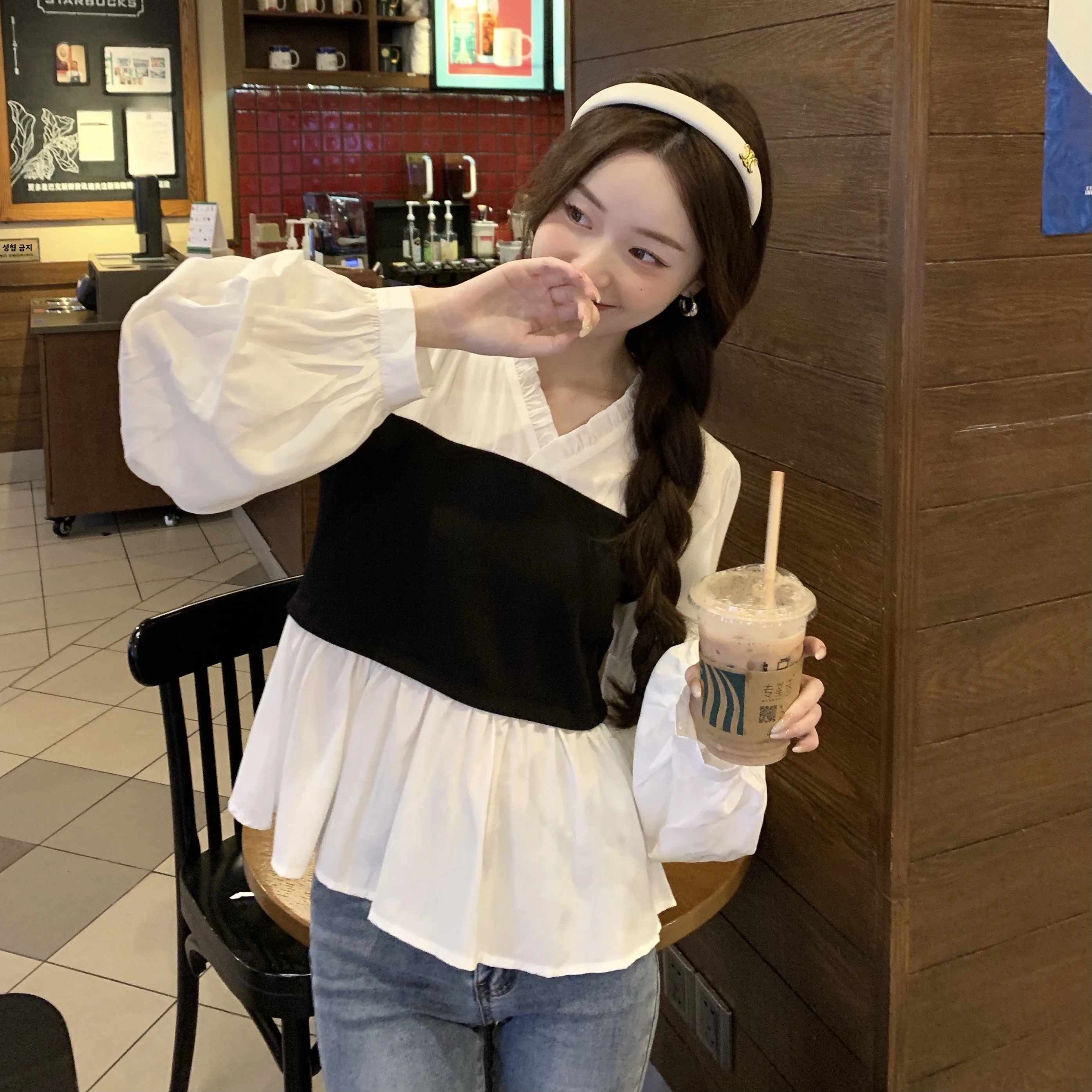 Плюс размер Xiaocai Girl ~ Осень Новые поддельные рубашки из двух предметов для полных