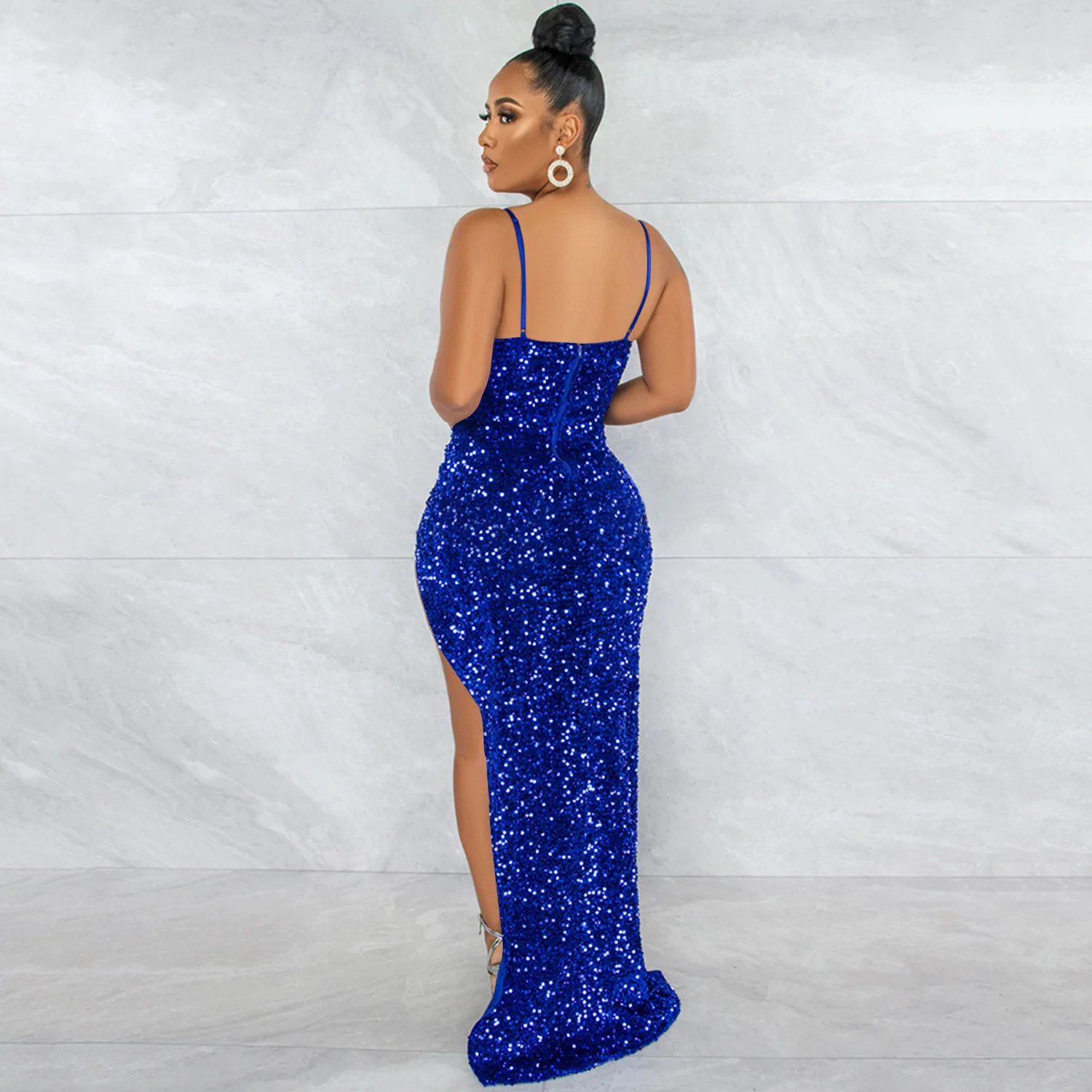 Women Mesh Patchwork High Side Split Sequin Bodycon Midi Backless Maxi Long Dress Sexy Night Party Spaghetti Strap Dress