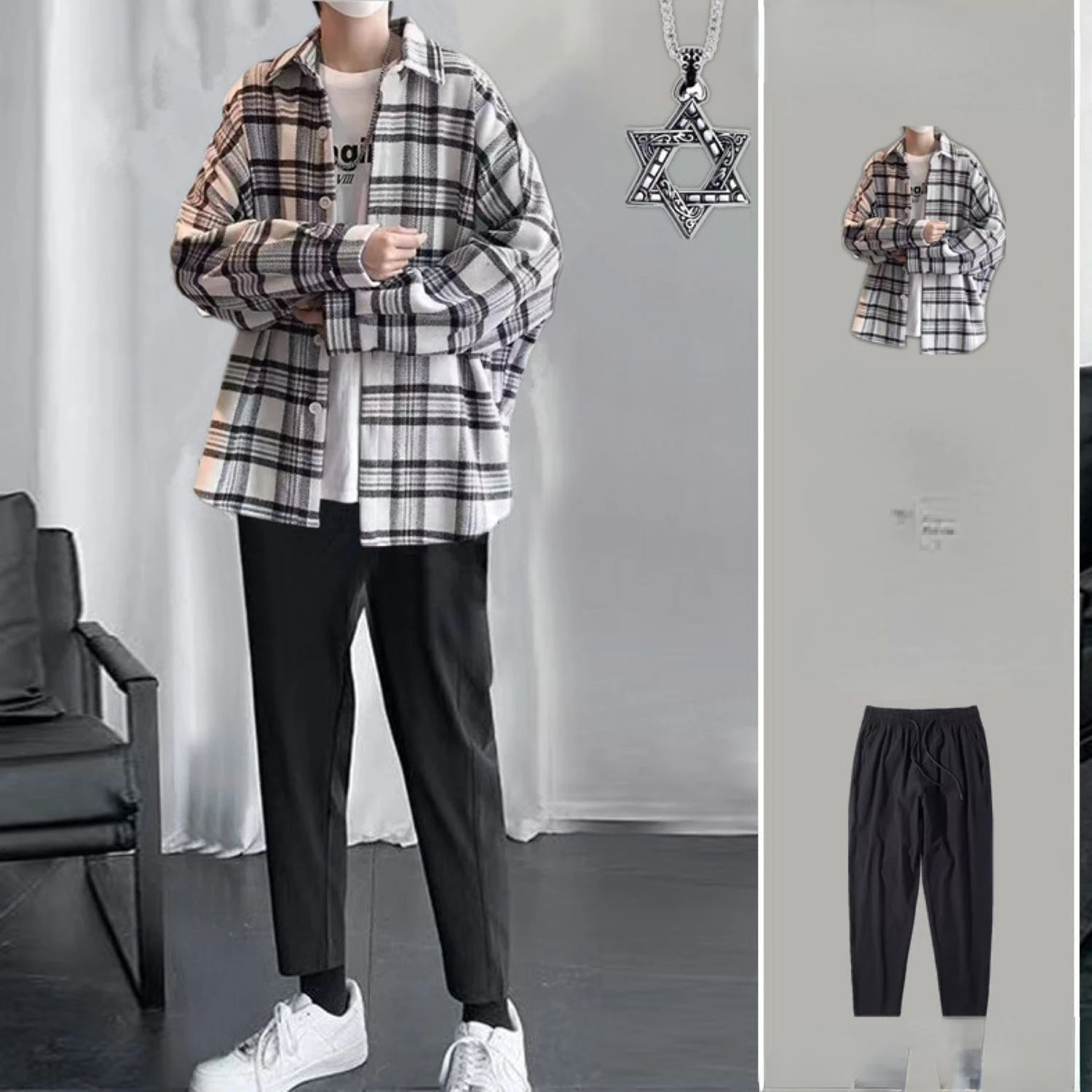 

Spring and Summer Loose Ice Silk Sets Men Fashion Casual Long-sleeved Shirt Pants Two-piece Sets Men Korean Plaid Sets X61