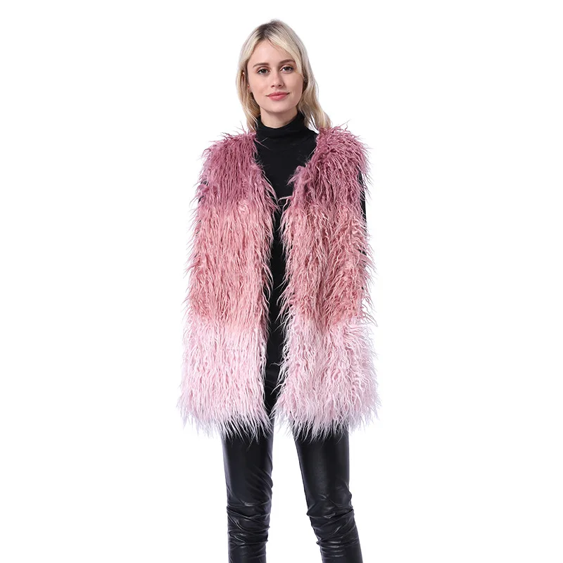 Women's Fur Vest Faux Fur Coat Women's Mid-Length Furry Fur Clothing Vest Faux Fur Coat