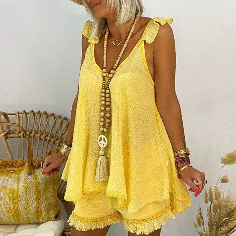 Women Two Piece Set oversized Patchwork Fringe Hem Vest Suit 2021 Cotton Linen Boho Shorts Female Summer Ladies Beach Outfit Pop