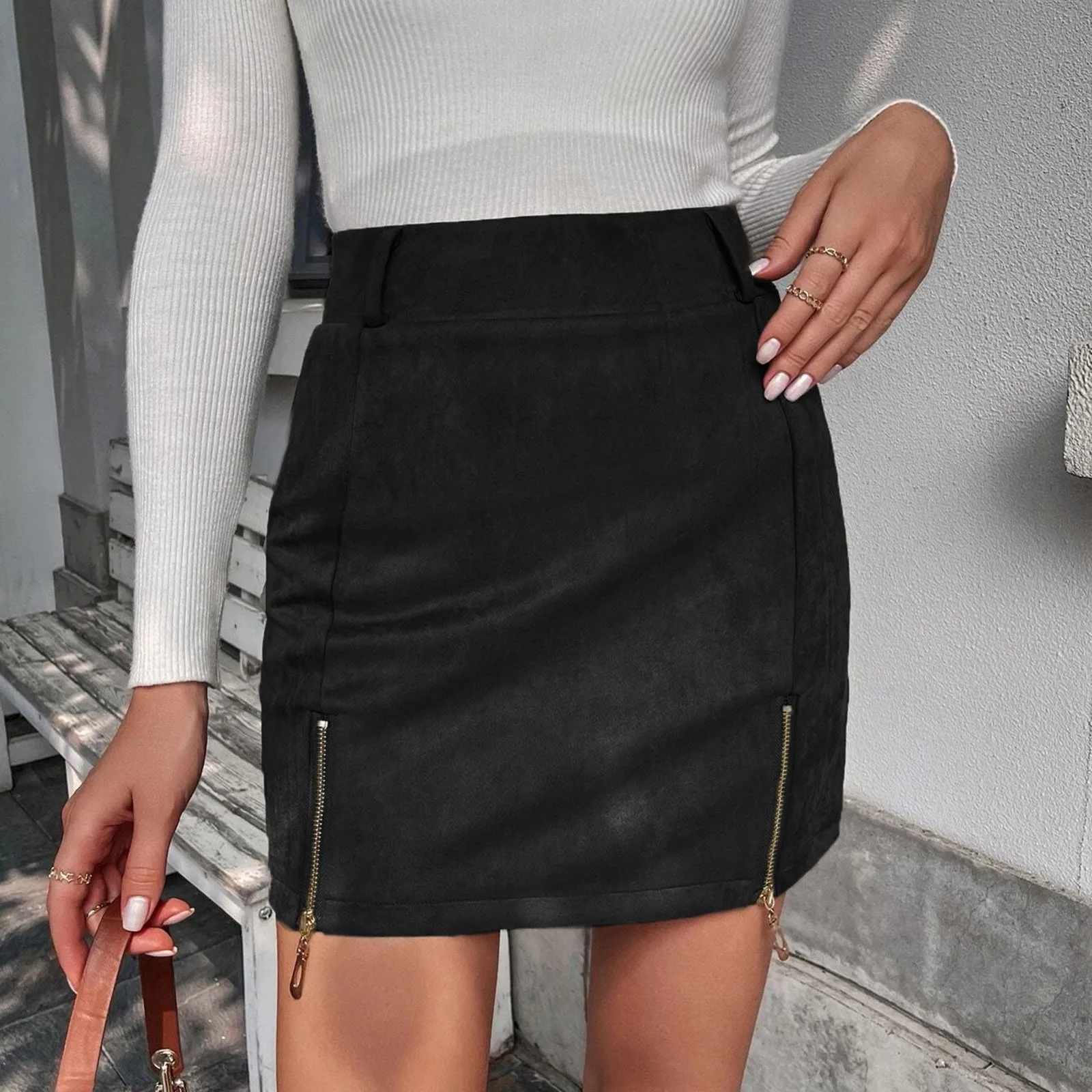 

New Mini Skirts Women Zipper Solid Side-slit Stretchy Korean Style Trendy Chic OL High Waist Female Bottom Popular Spring Summer