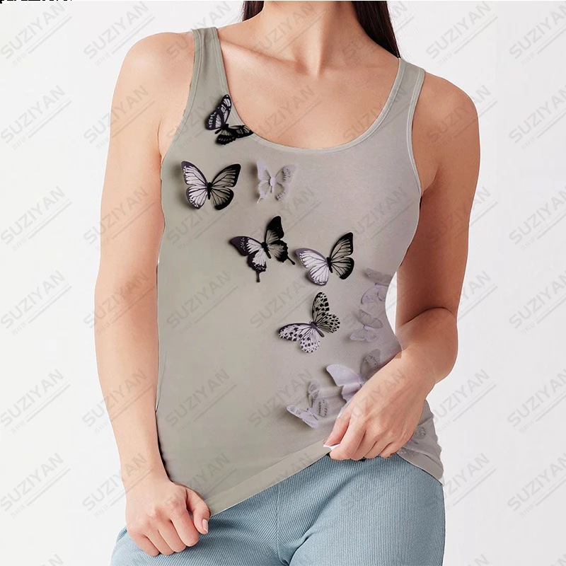 

2023 Summer New Fashion Hot Selling Women's Tight Sleeveless Tank Top Butterfly 3D Print U-neck Hawaiian Beach Style Casual Top