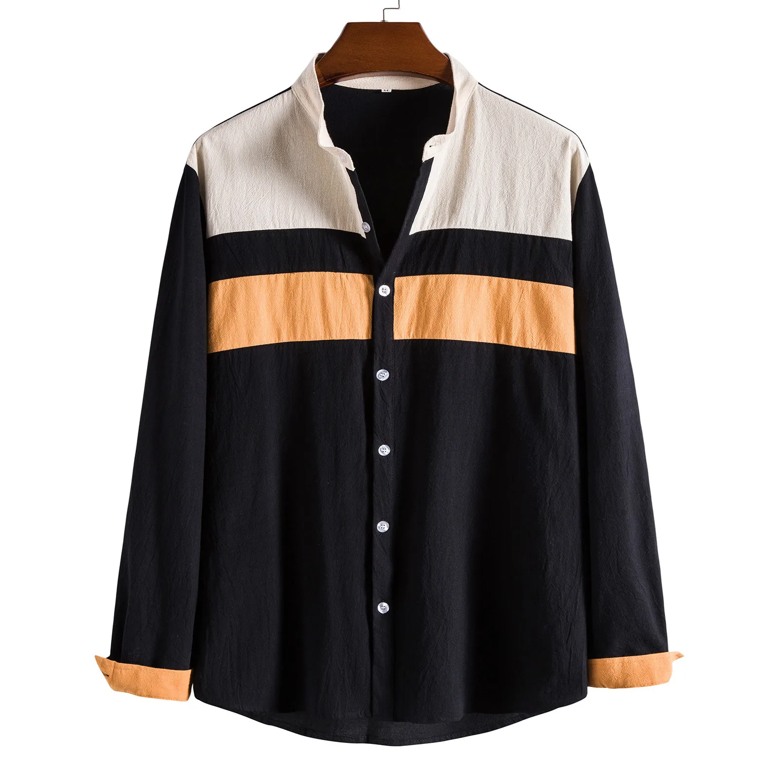 

Sleeve Color Collar Tops Stand Splice Long Shirt Button Print Casual Men's Men Shirts Mesh Shirt Men