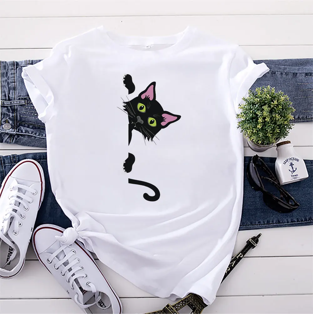 Летняя Хлопковая женская футболка 5XL с принтом кошки коротким рукавом и