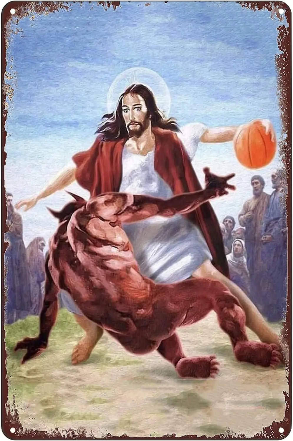 

Винтажный металлический жестяной плакат Иисус против Сатаны в баскетболе, Забавные знаки, настенное искусство, Декор, табличка для дома, бара, паба, клуба, гостиной