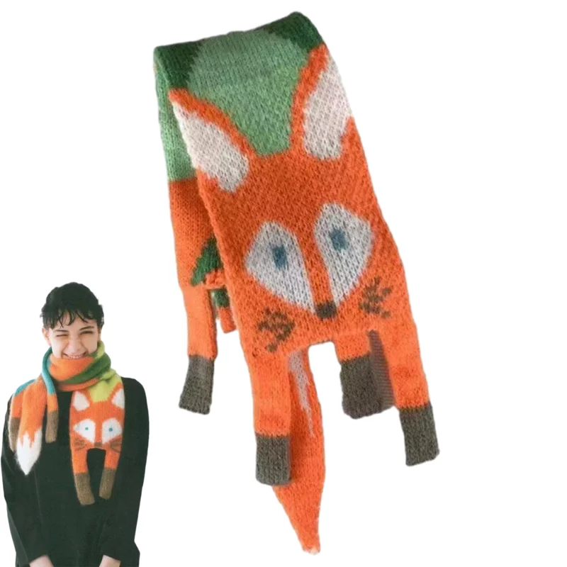 

Вязаный зимний детский шарф с мультяшной лисой, шарфы для маленьких девочек и мальчиков, унисекс, теплая Женская шаль, мужской шарф-хомут