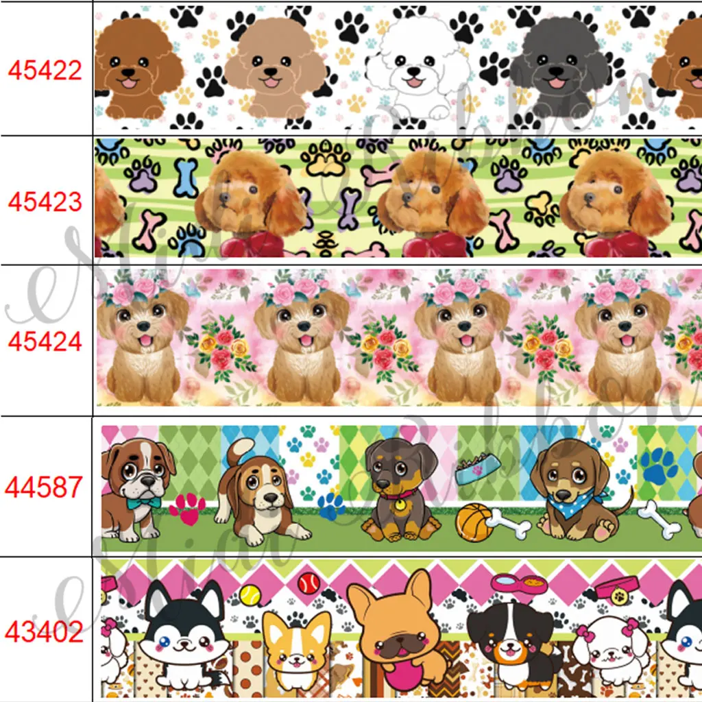 

16mm-75mm Cute Teddy Dog Flowers Printed Grosgrain/Elastic Ribbon for DIY Hair Bow Home Decoration Crafts