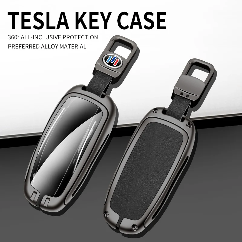 

New Metal Leather Car Remote Key Case Cover for Tesla Model 3 Model S Model X Keyless Auto Protector Shell Keychain Accessories