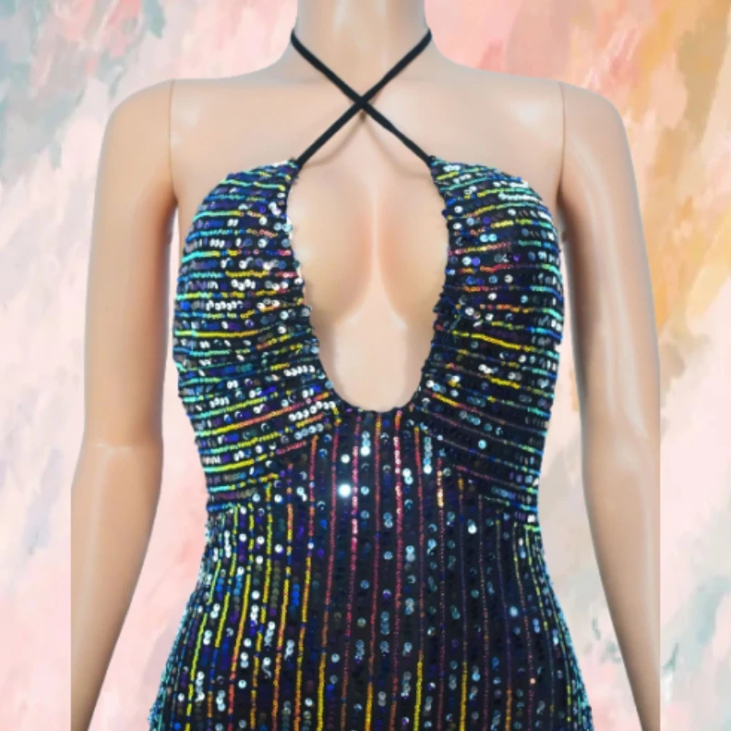 Women'S Suspenders Backless Lace Sequins Tight Wrap Buttocks Evening Dress Sexy Wrap Chest Dress