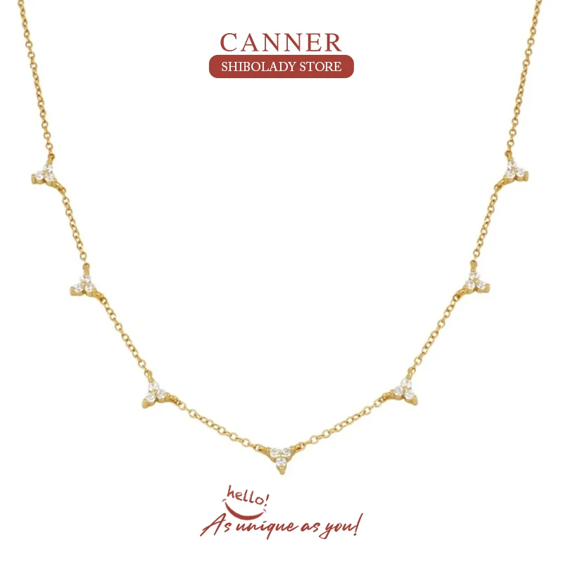 

CANNER Three Diamond Clavicle Necklace For Women 925 Sterling Silver Jewelry Charming Pendant Chain 18K Choker Bijoux Collar