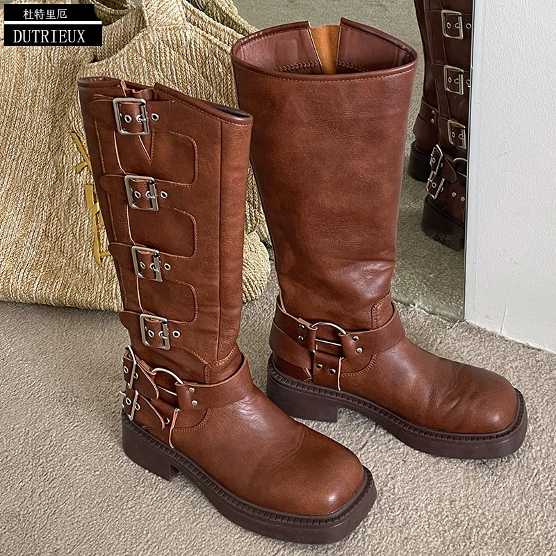 

Осенние женские современные ковбойские сапоги до колена на высоком каблуке 2023, модная обувь без шнуровки в стиле панк, женская обувь для ботинок Челси
