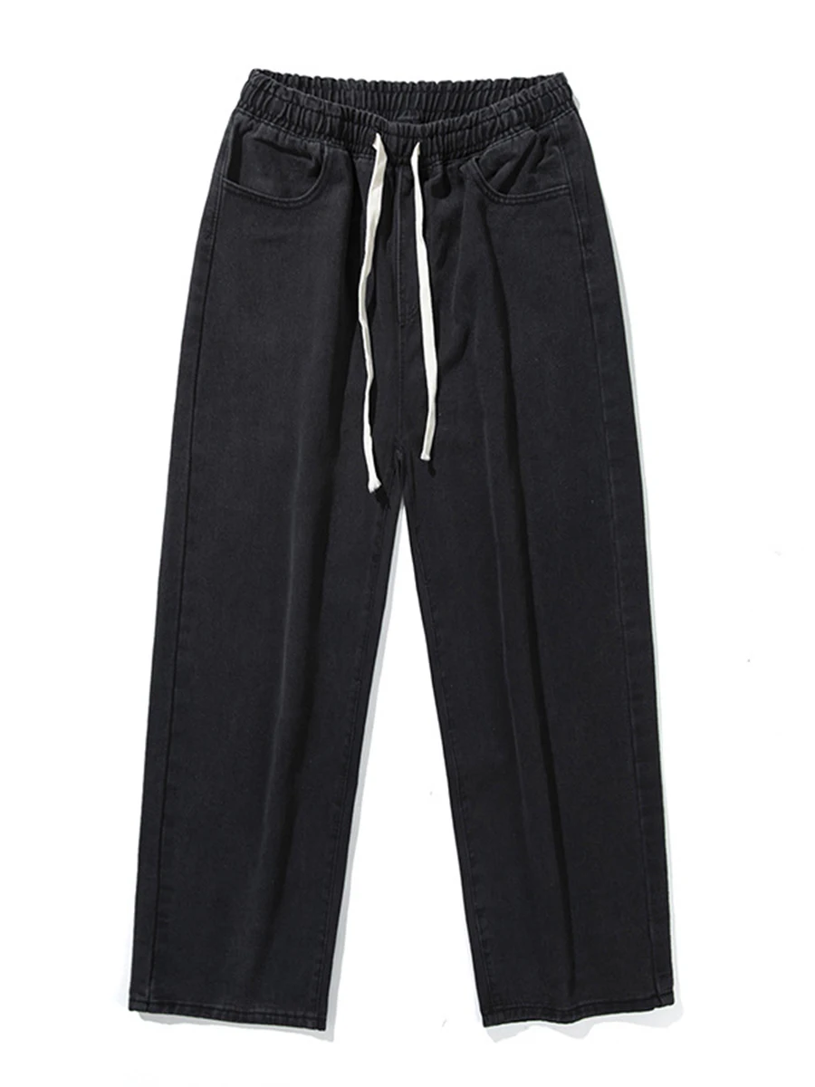 European and American Men's Elastic Waist Jeans Men's Wide Leg Loose Straight Wash Drawstring Trousers Streetwear Ins Hot Sale