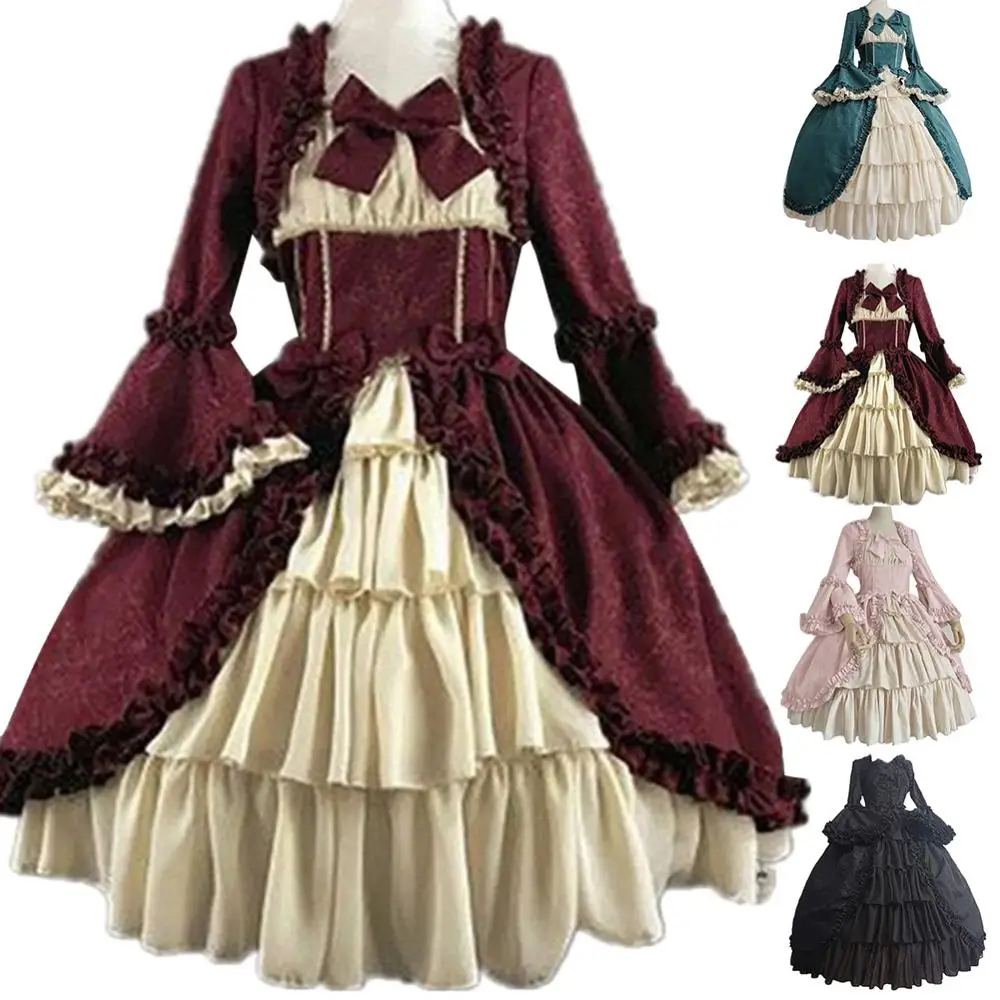 

Cosplay Lady Retro Square Neck Tight Waist Bowknot Medieval Dress Party Costume