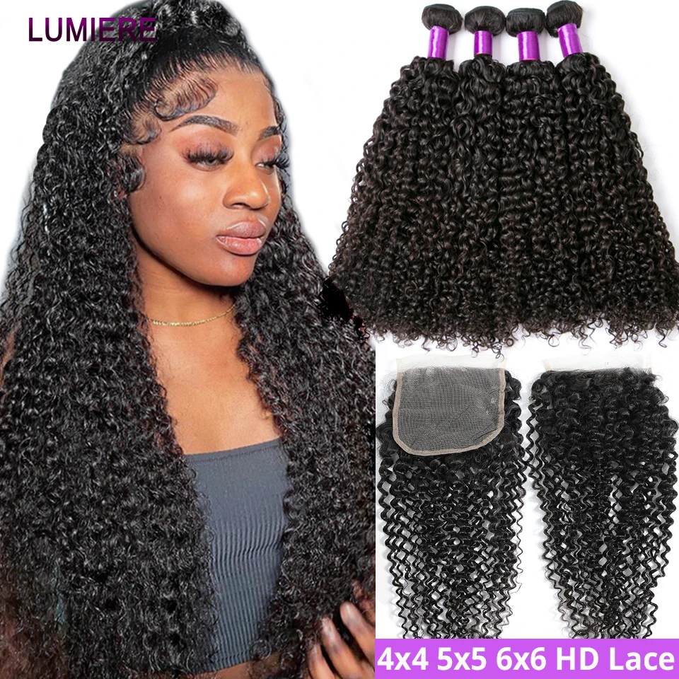 

38 40Inch Kinky Curly Human Hair Bundles With 4X4 5x5 6x6 HD Lace Closure Deep Curly Wave Hair Weave Bundle With Closure Frontal